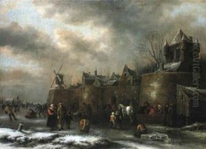 Skaters And Sledges On A Frozen Moat Outside A Fortified Town by Nicolaes Molenaer