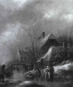Skaters On A Frozen Waterway By A Farm Skaters On A Frozen Waterway By A Farm