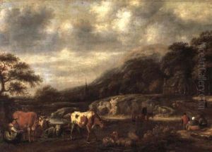 Wooded Landscape With A Dairy Maid Milking A Cow