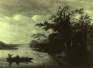 Peasants With Sheep Crossing A River In A Boat by Nicolaes Molenaer