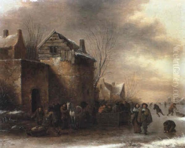 Elegant Couple And Other Townsfolk On A Frozen River - view 1