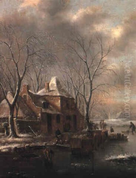 Frozen Waterway With Peasants Loading A Sledge By A Cottage - view 1