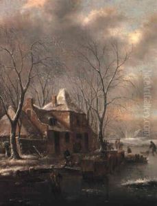 Frozen Waterway With Peasants Loading A Sledge By A Cottage