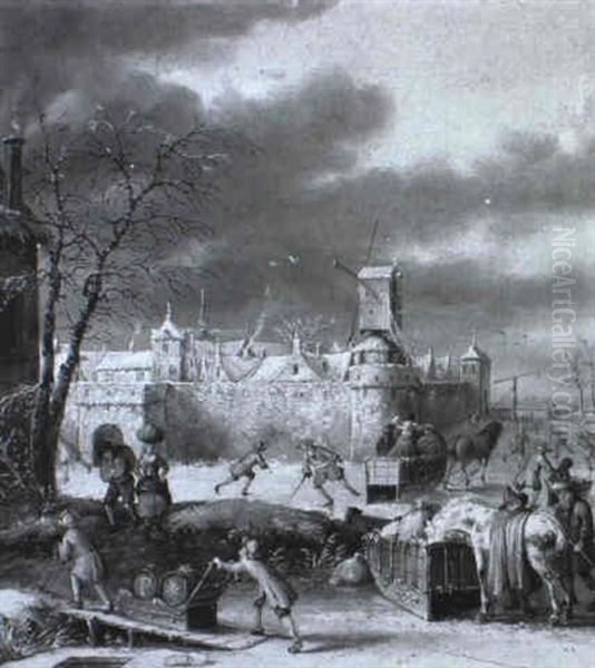 Travellers And Skaters In A Winter Landscape - view 1