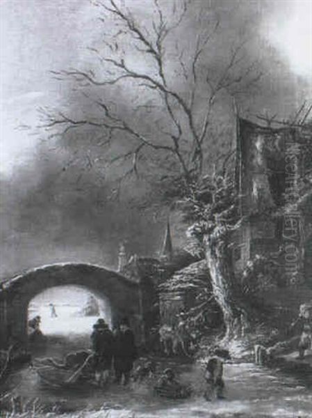 A Winter River Landscape With Peasants Before A Bridge - view 1