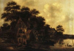 Figures Fishing By A Pond With A Cottage Beyond Figures Fishing By A Pond With A Cottage Beyond