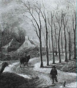 A Winter Landscape With A Figure Walking With A Staff On A  Treelined Road, Having Passed A Figure On Horseback Before