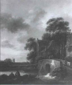 Flusslandschaft Mit Hausern Und Einer Brucke by Nicolaes Molenaer