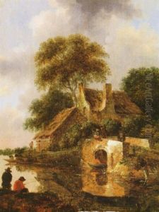 Landscape With A House By The River With Fishermen In The Foreground And In A Boat Under The Bridge by Nicolaes Molenaer