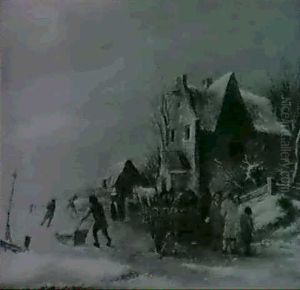 Skaters On A Frozen Lake Outside A House