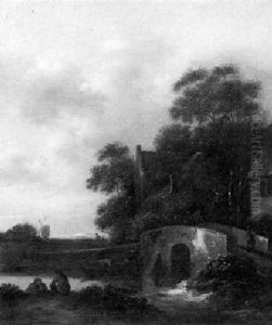 Peasants Conversing On A River Bank Below A Bridge Which    Travellers Cross Before A Village by Nicolaes Molenaer