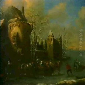 Pferdeschlitten Und Eislaufer Vor Den Mauern Einer Stadt