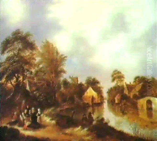 Wooded Landscape With Peasents Resting Beside A River - view 1
