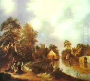 Wooded Landscape With Peasents Resting Beside A River