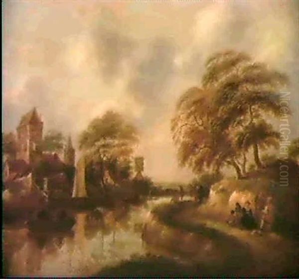 A River Landscape With Travellers On A Path In The Foreground Sailing Barges A Village And A Windmill Beyond - view 1