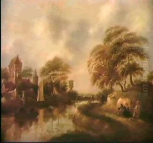 A River Landscape With Travellers On A Path In The          Foreground Sailing Barges A Village And A Windmill Beyond