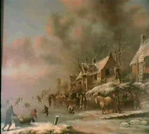 A Winter Landscape With Numerous Skater And Horse-drawn     Sleds On A Frozen River A Village Beyond