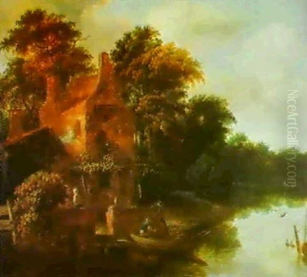 A Wooded River Landscape With A Angler In A Punt By A Farmhouse - view 1