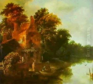 A Wooded River Landscape With A Angler In A Punt By A Farmhouse by Nicolaes Molenaer