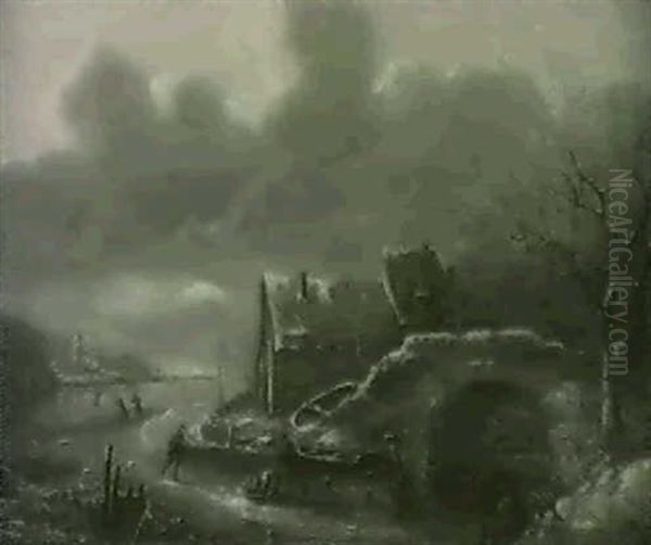 A Winter Landscape With Skater By A Bridge - view 1