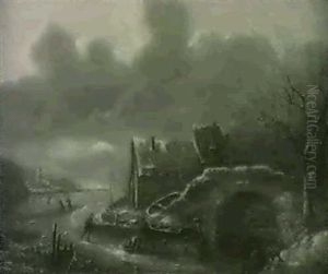 A Winter Landscape With Skater By A Bridge