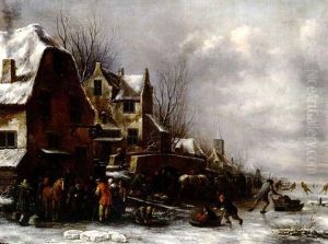 Winter Landscape With Villagers In Fromt Of An Inn,         Skaters And Sledders On A Frozen River Beyond