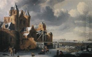 A Winter Landscape With Townsfolk Skating Outside A Walled Town A Winter Landscape With Townsfolk Skating Outside A Walled Town
