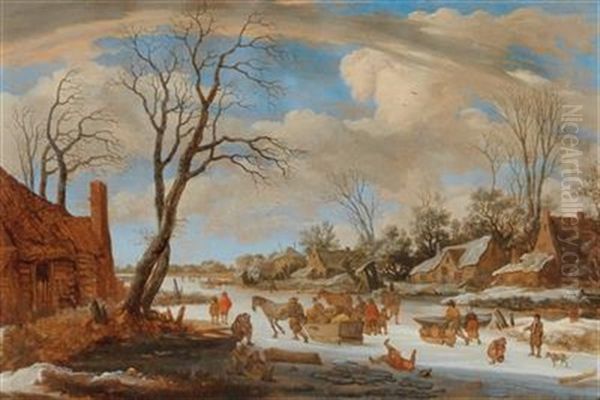 A Winter Landscape With Travellers And Other Figures On Ice - view 1