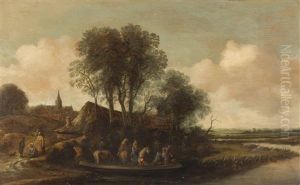 Flusslandschaft Mit Reitern Und Pferden In Einem Boot
