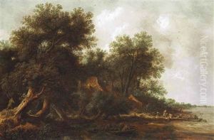 A Wooded River Landscape With Fishermen On Boats And Other Figures A Wooded River Landscape With Fishermen On Boats And Other Figures