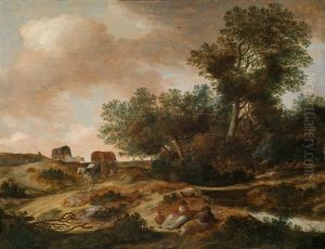 Rastende Bauern An Einem Fluss Und Bauern, Die Vom Markt Zuruckkehren, In Einer Bewaldeten Landschaft by Pieter De Molijn