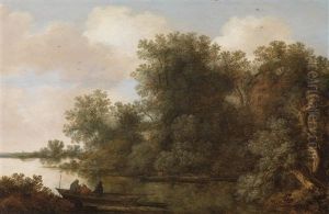 Flusslandschaft Mit Anglern In Einem Boot Flusslandschaft Mit Anglern In Einem Boot