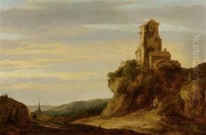 Hugellandschaft Mit Wanderern Am Fusse Einer Burgruine