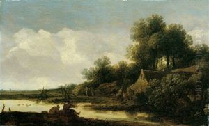 Flusslandschaft Mit Bauerngehoft Und Angler by Pieter De Molijn