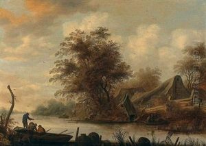 Paysage A La Riviere Avec Sur La Droite Une Chaumiere Et Sur La Gauche Des Personnages En Barque by Pieter De Molijn