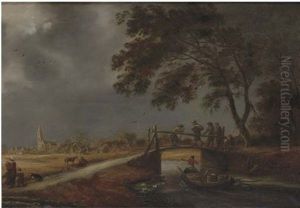 A Stormy Landscape With Travellers On A Bridge, A Boat Passing By And A Woman With Children On A Path, A Village Beyond by Pieter De Molijn