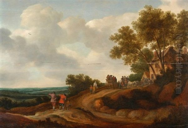 Anhohe In Weiter Landschaft Mit Haus, Pferdefuhrwerken Und Figurengruppe - view 1