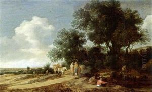 An Extensive Dune Landscape With Travellers And Horse-drawn Wagon On A Path, With A Village In The Background