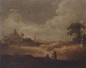 An Extensive Landscape With Peasants Conversing In The Foreground, A Farmhouse And Windmills Beyond by Pieter De Molijn