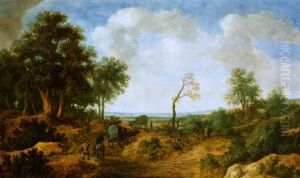 Weite Landschaft Mit Reisenden In Planwagen