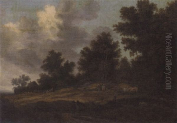 A Wooded Landscape With Peasants On A Path And Herdsman With Their Cattle - view 1