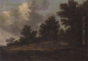 A Wooded Landscape With Peasants On A Path And Herdsman With Their Cattle by Pieter De Molijn
