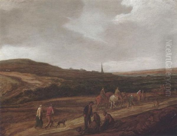 Reisende In Einer Dunenlandschaft Mit Einem Turm Im Hintergrund - view 1