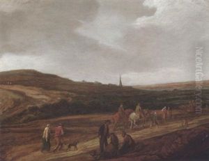 Reisende In Einer Dunenlandschaft Mit Einem Turm Im Hintergrund by Pieter De Molijn