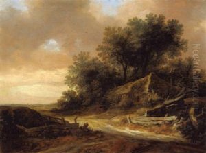 Sommerliche Dunenlandschaft Mit Einem Bauernhaus Und Einer Aus Dem Fenster Blickenden Frau Sommerliche Dunenlandschaft Mit Einem Bauernhaus Und Einer Aus Dem Fenster Blickenden Frau