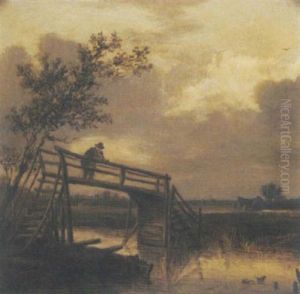 A River Landscape With A Peasant On A Timber Bridge A River Landscape With A Peasant On A Timber Bridge