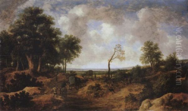 A Wooded Landscape With Travellers In Wagons On A Road - view 1