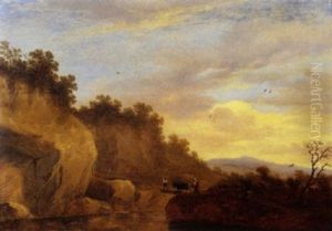 An Italianate Landscape With Herdsmen And A Cow Crossing A Bridge