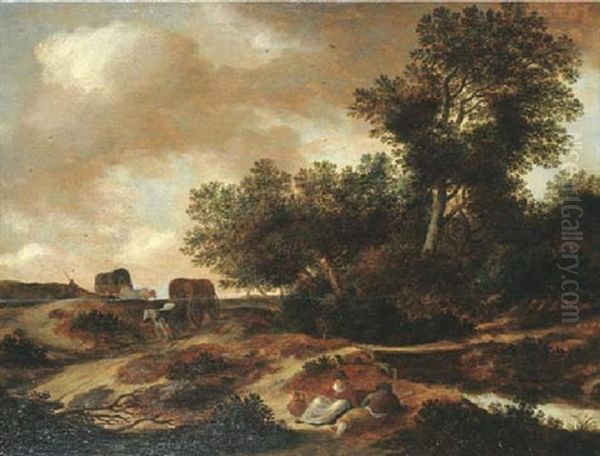 A Wooded Landscape With Peasants Resting By A River, Others Returning From Market Nearby - view 1