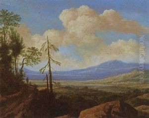 A Panoramic Hilly Landscape With A Traveller Resting On A Path Near Trees, A Valley With A Town And Mountains Beyond by Pieter De Molijn